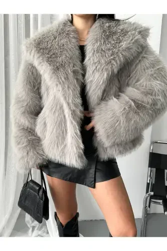 Women's Black Premium Plush Winter Faux Premium Fur Coat-GRAY - 7