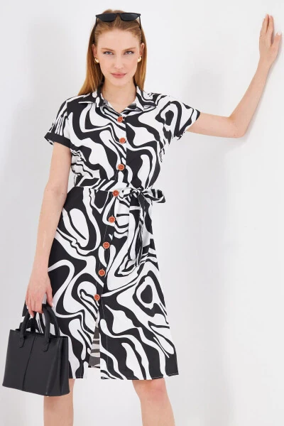 Women's Black Printed Belted Tie Waist Short Sleeve Shirt Dress ARM-22Y001058 - ARMONIKA