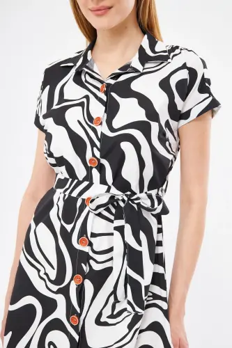 Women's Black Printed Belted Tie Waist Short Sleeve Shirt Dress ARM-22Y001058 - 3