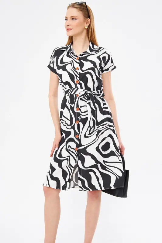 Women's Black Printed Belted Tie Waist Short Sleeve Shirt Dress ARM-22Y001058 - 4