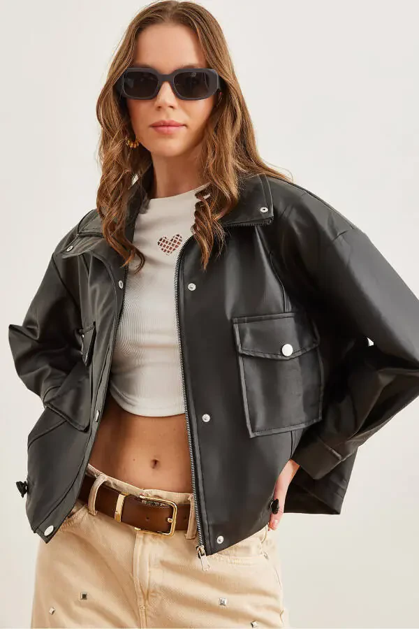 Women's Black PU Leather Zippered Jacket with Pockets and Drawstring CKT-19000397 - 1