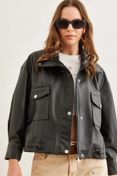 Women's Black PU Leather Zippered Jacket with Pockets and Drawstring CKT-19000397 - 2