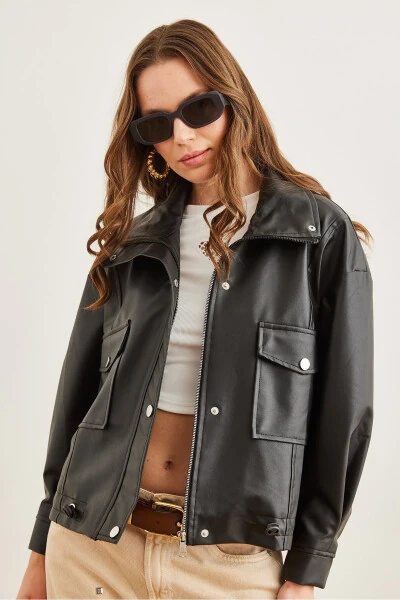 Women's Black PU Leather Zippered Jacket with Pockets and Drawstring CKT-19000397 - 3