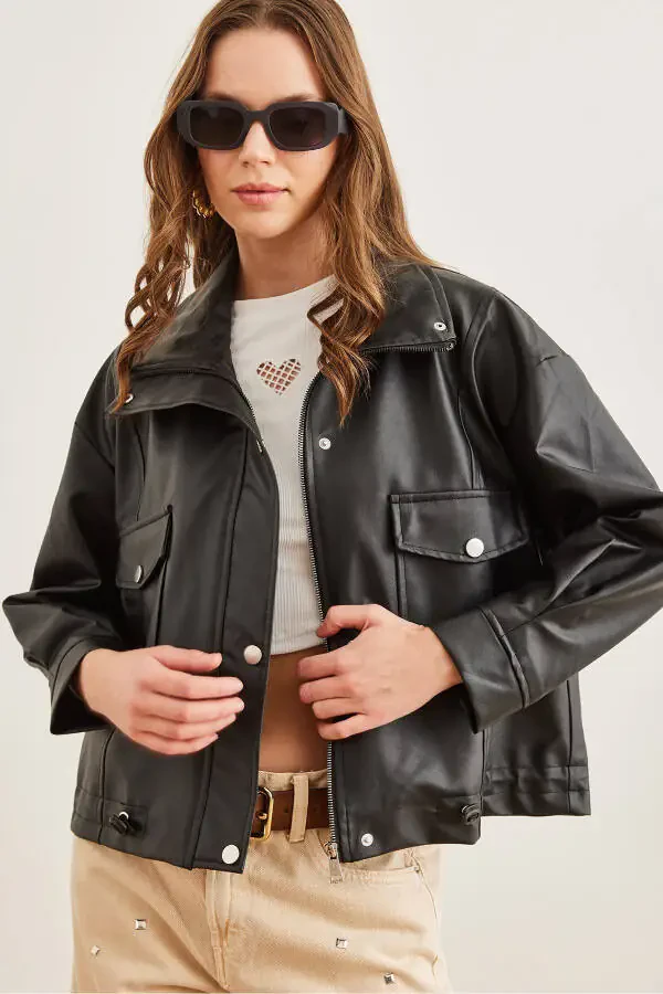 Women's Black PU Leather Zippered Jacket with Pockets and Drawstring CKT-19000397 - 4