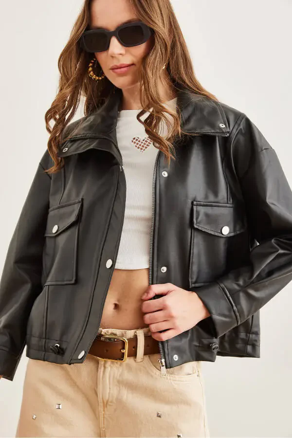 Women's Black PU Leather Zippered Jacket with Pockets and Drawstring CKT-19000397 - 5