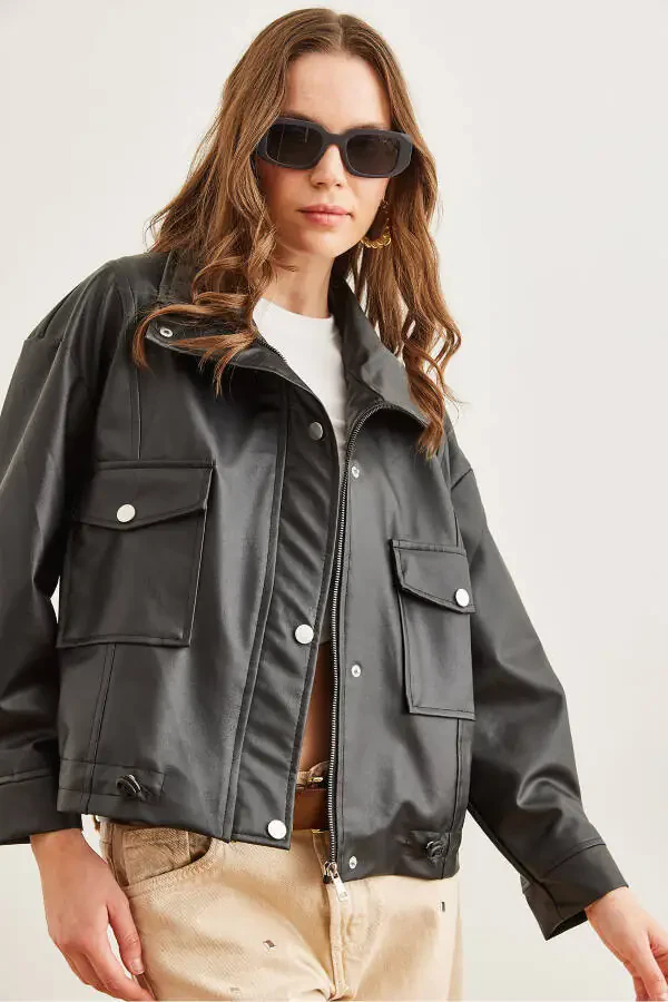 Women's Black PU Leather Zippered Jacket with Pockets and Drawstring CKT-19000397 - 6