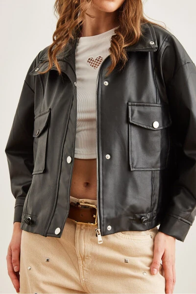 Women's Black PU Leather Zippered Jacket with Pockets and Drawstring CKT-19000397 - 7