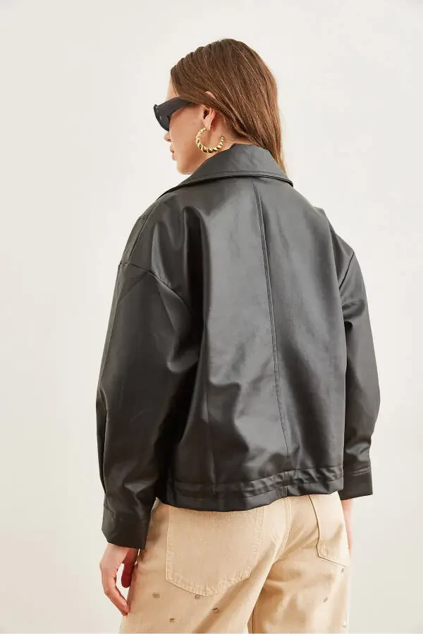 Women's Black PU Leather Zippered Jacket with Pockets and Drawstring CKT-19000397 - 8
