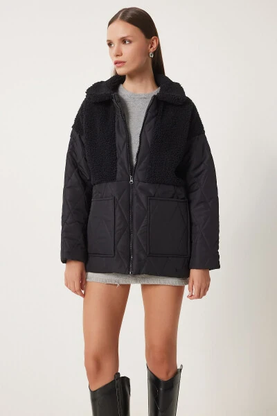 Women's Black Quilted Coat with Plush Detail DD01284 - 1