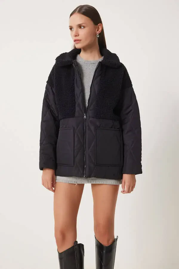 Women's Black Quilted Coat with Plush Detail DD01284 - 1