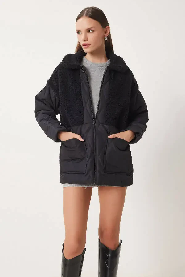 Women's Black Quilted Coat with Plush Detail DD01284 - 2