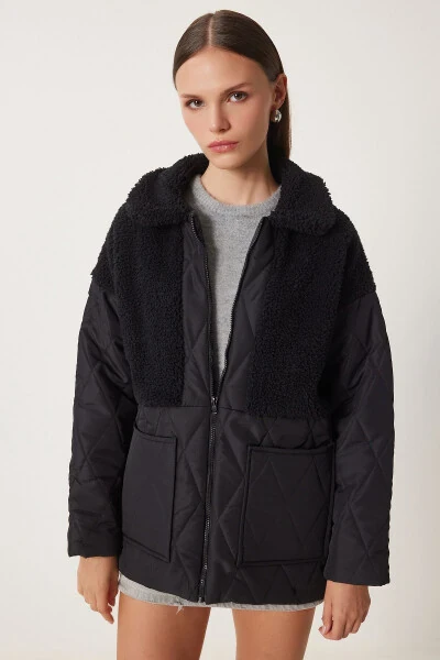 Women's Black Quilted Coat with Plush Detail DD01284 - 3