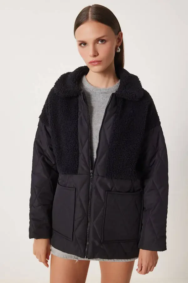 Women's Black Quilted Coat with Plush Detail DD01284 - 3