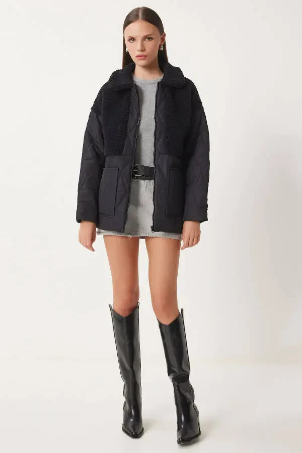 Women's Black Quilted Coat with Plush Detail DD01284 - 4