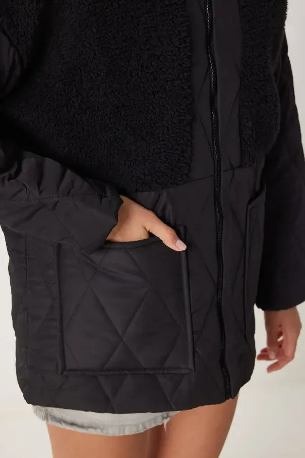 Women's Black Quilted Coat with Plush Detail DD01284 - 6