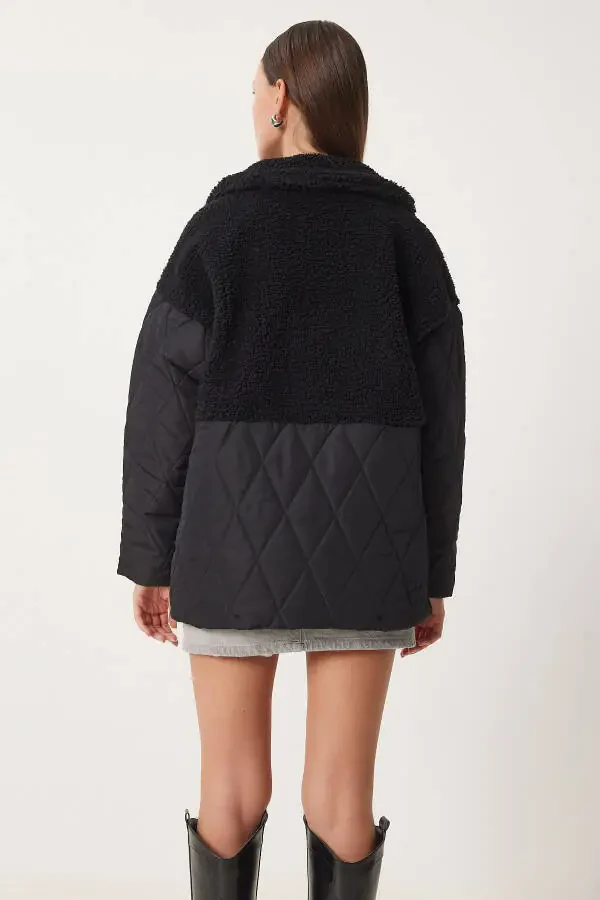 Women's Black Quilted Coat with Plush Detail DD01284 - 8