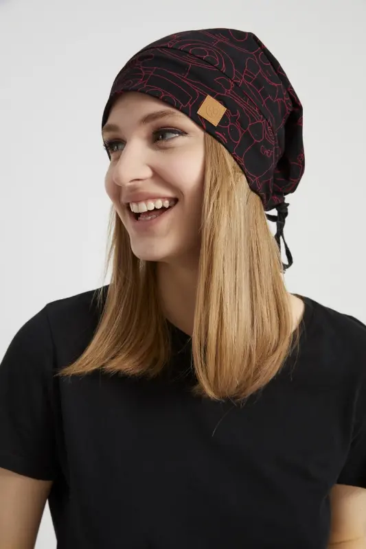 Women's Black, Red Patterned, Rope Detailed 4 Seasons Hat Beanie Buff Ultra Soft Natural Combed Cotton - Black with red pattern - 1