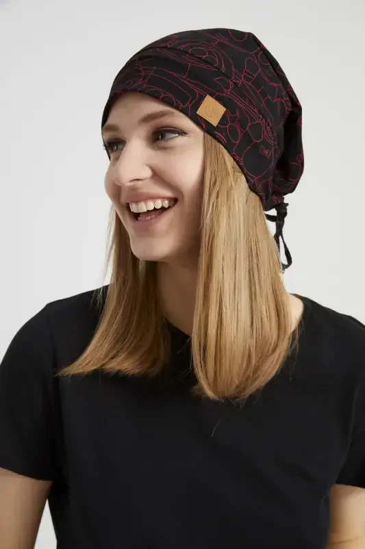Women's Black, Red Patterned, Rope Detailed 4 Seasons Hat Beanie Buff Ultra Soft Natural Combed Cotton - Black with red pattern - BUTIKGIZ