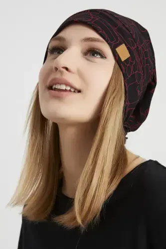 Women's Black, Red Patterned, Rope Detailed 4 Seasons Hat Beanie Buff Ultra Soft Natural Combed Cotton - Black with red pattern - BUTIKGIZ (1)