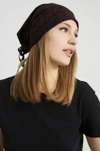 Women's Black, Red Patterned, Rope Detailed 4 Seasons Hat Beanie Buff Ultra Soft Natural Combed Cotton - Black with red pattern - 3