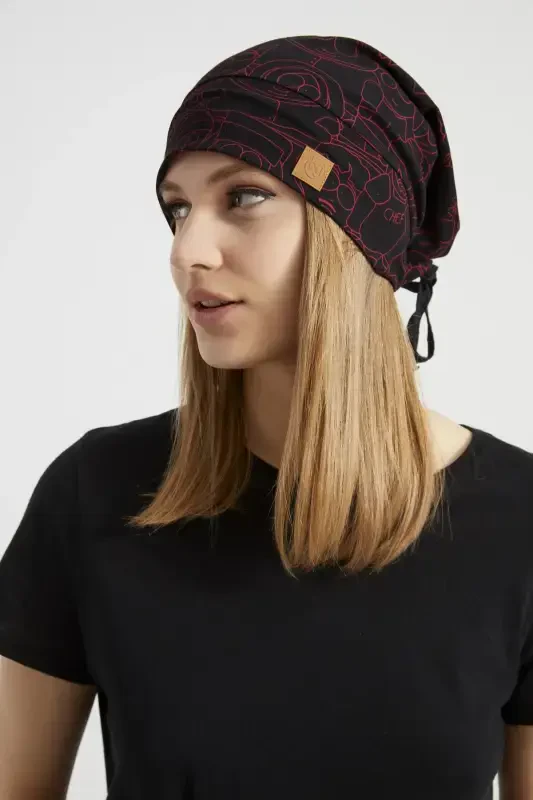 Women's Black, Red Patterned, Rope Detailed 4 Seasons Hat Beanie Buff Ultra Soft Natural Combed Cotton - Black with red pattern - 4
