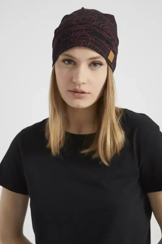 Women's Black, Red Patterned, Rope Detailed 4 Seasons Hat Beanie Buff Ultra Soft Natural Combed Cotton - Black with red pattern - 5