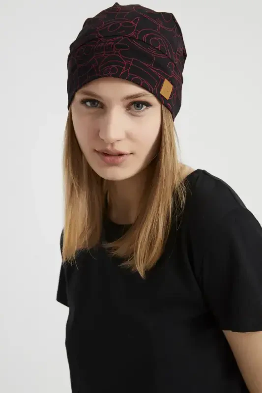 Women's Black, Red Patterned, Rope Detailed 4 Seasons Hat Beanie Buff Ultra Soft Natural Combed Cotton - Black with red pattern - 6