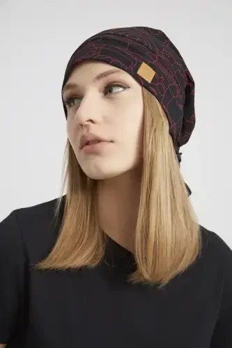 Women's Black, Red Patterned, Rope Detailed 4 Seasons Hat Beanie Buff Ultra Soft Natural Combed Cotton - Black with red pattern - 7