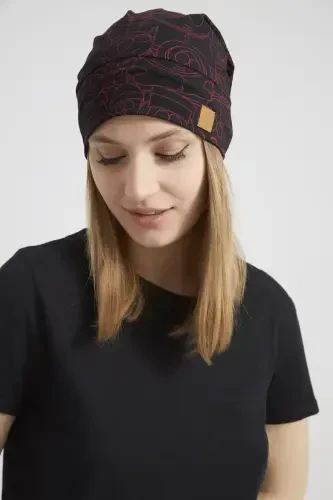 Women's Black, Red Patterned, Rope Detailed 4 Seasons Hat Beanie Buff Ultra Soft Natural Combed Cotton - Black with red pattern - 8