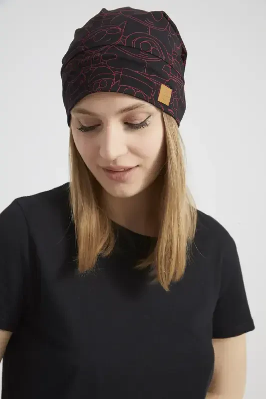 Women's Black, Red Patterned, Rope Detailed 4 Seasons Hat Beanie Buff Ultra Soft Natural Combed Cotton - Black with red pattern - 8