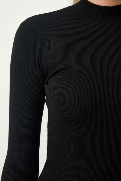 Women's Black Ribbed Knit Dress with Stand-up Collar GT00060 - 4