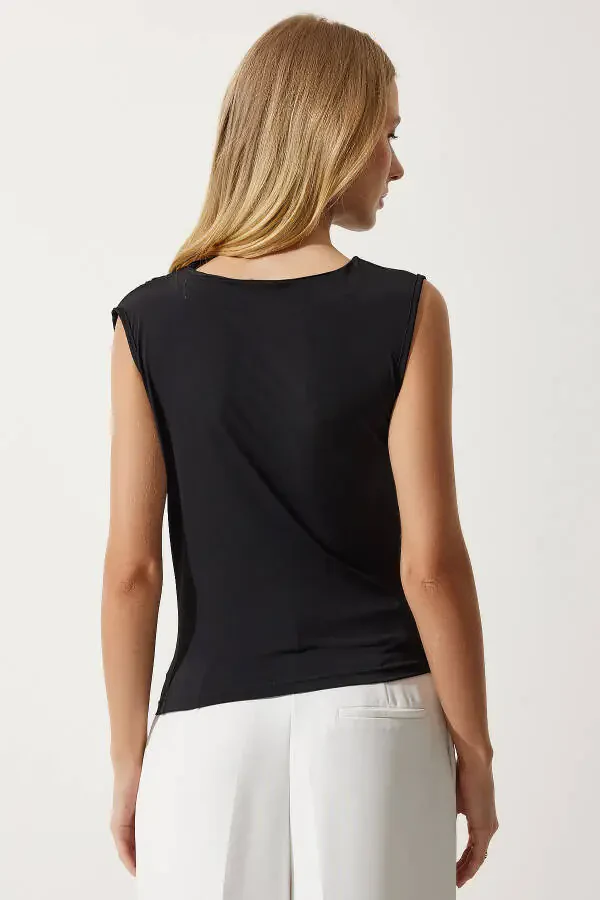 Women's Black Ribbed Sleeveless Knit Blouse YU00015 - 5