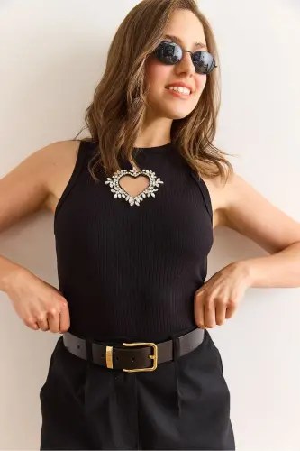 Women's Black Ribbed Stone Heart Detailed Lycra Crop - 3