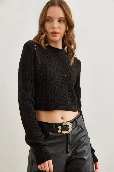 Women's Black Ribbed Wave Crop Pullover KZK-19000822 - OLALOOK