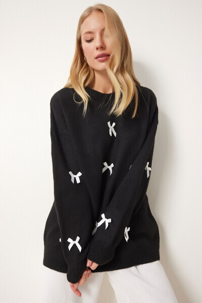 Women's Black Ribbon Knitted Sweater SV00013 - HAPPINESS İSTANBUL