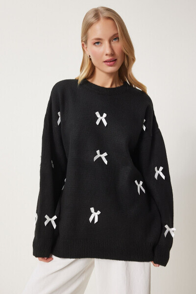 Women's Black Ribbon Knitted Sweater SV00013 - 3