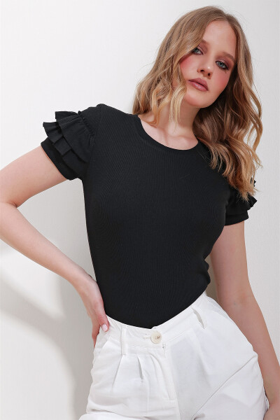 Women's Black Round Neck Ruffle Sleeves Blouse ALC-X11577 - 1