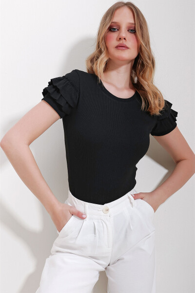 Women's Black Round Neck Ruffle Sleeves Blouse ALC-X11577 - 2