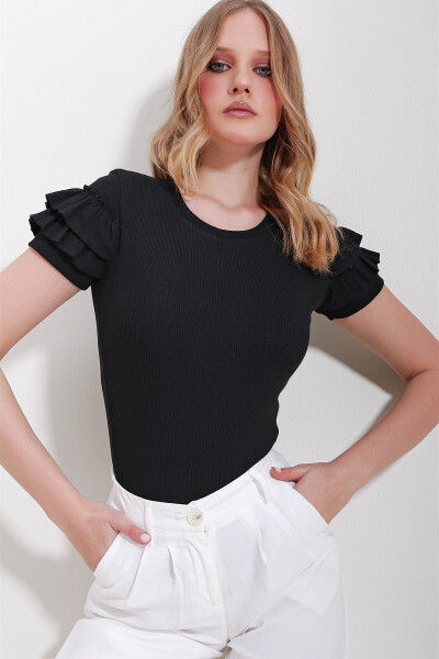 Women's Black Round Neck Ruffle Sleeves Blouse ALC-X11577 - 3