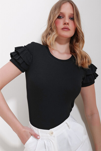 Women's Black Round Neck Ruffle Sleeves Blouse ALC-X11577 - 4