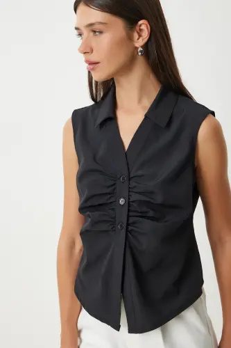 Women's Black Ruched Detail Sleeveless Shirt UL00030-Black - 3