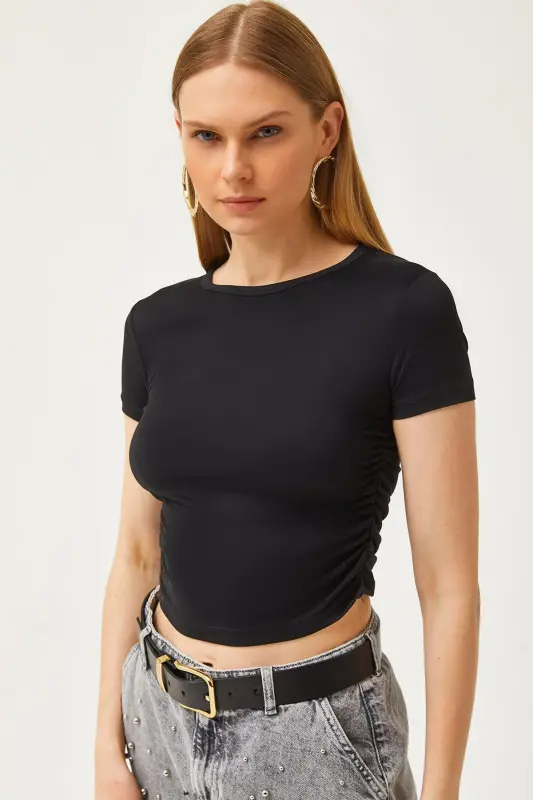 Women's Black Ruched Side Soft Touch Crop T-Shirt - OLALOOK