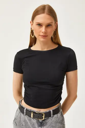 Women's Black Ruched Side Soft Touch Crop T-Shirt - OLALOOK (1)