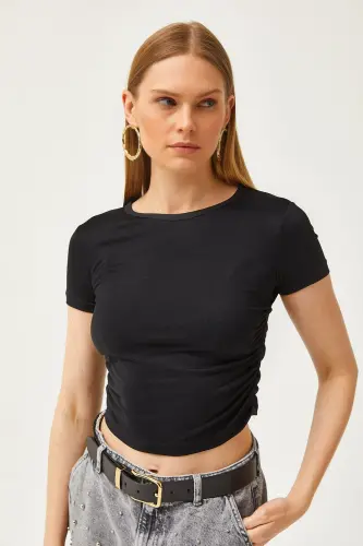 Women's Black Ruched Side Soft Touch Crop T-Shirt - 3