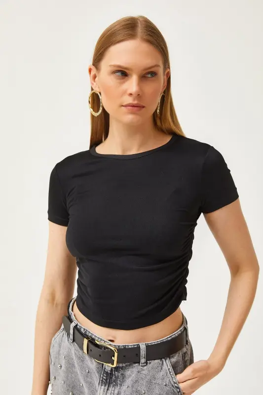 Women's Black Ruched Side Soft Touch Crop T-Shirt - 3