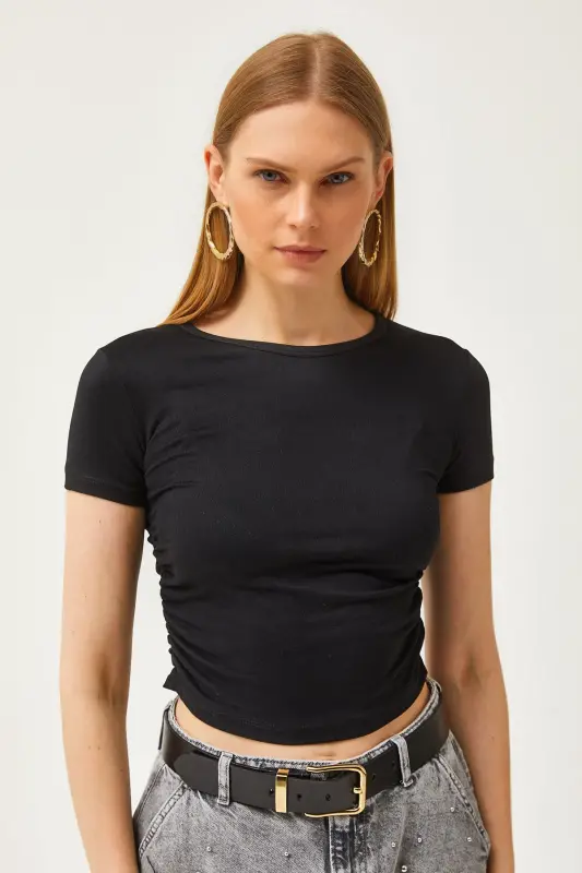 Women's Black Ruched Side Soft Touch Crop T-Shirt - 4