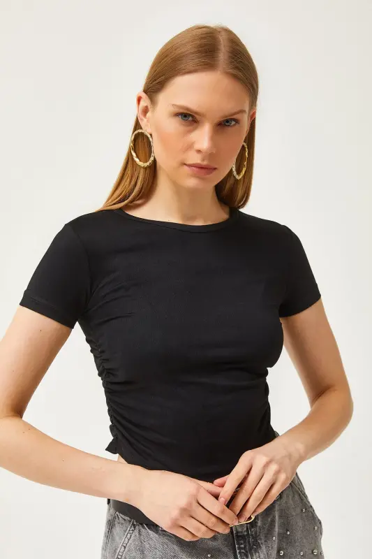 Women's Black Ruched Side Soft Touch Crop T-Shirt - 5