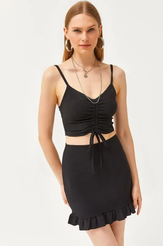 Women's Black Ruched Top and Mini Skirt Set T - 1