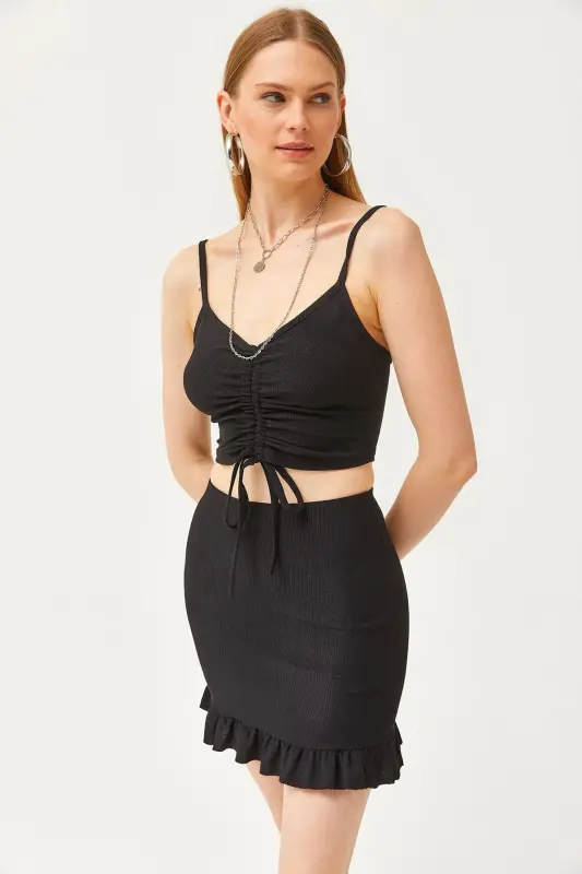 Women's Black Ruched Top and Mini Skirt Set T - 2