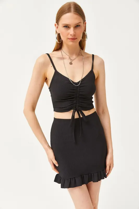 Women's Black Ruched Top and Mini Skirt Set T - 3